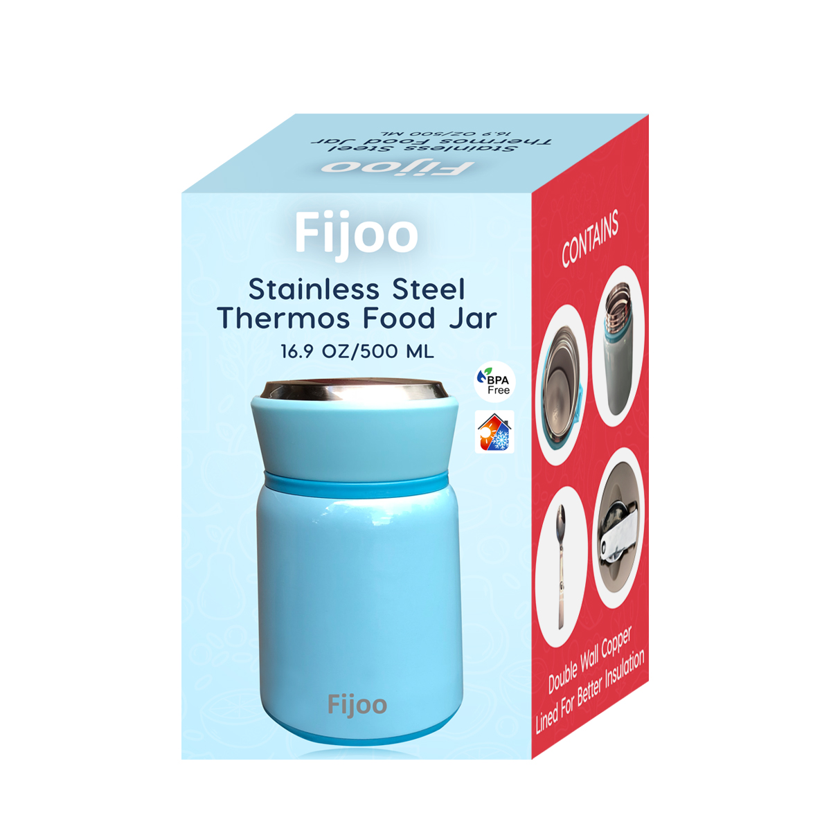 Fijoo 16oz Stainless Steel Thermos Food Jar + Folding Spoon (Blue)